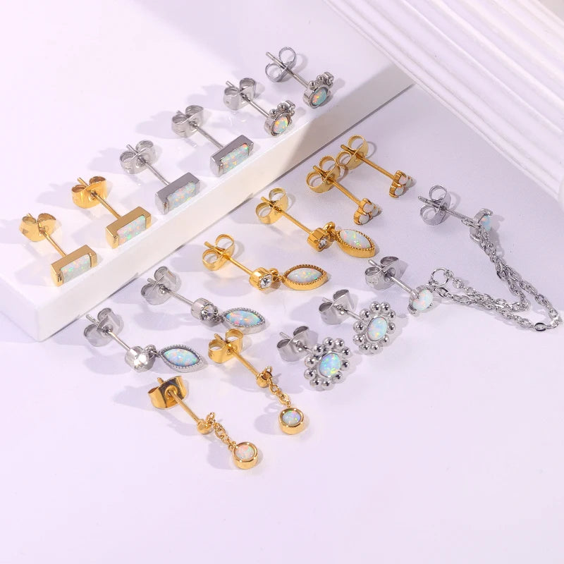 JUSNOVA Custom Opal Heart Stone Earrings Stainless Steel Studs Jewelry for Women for Wedding Engagement Accessories