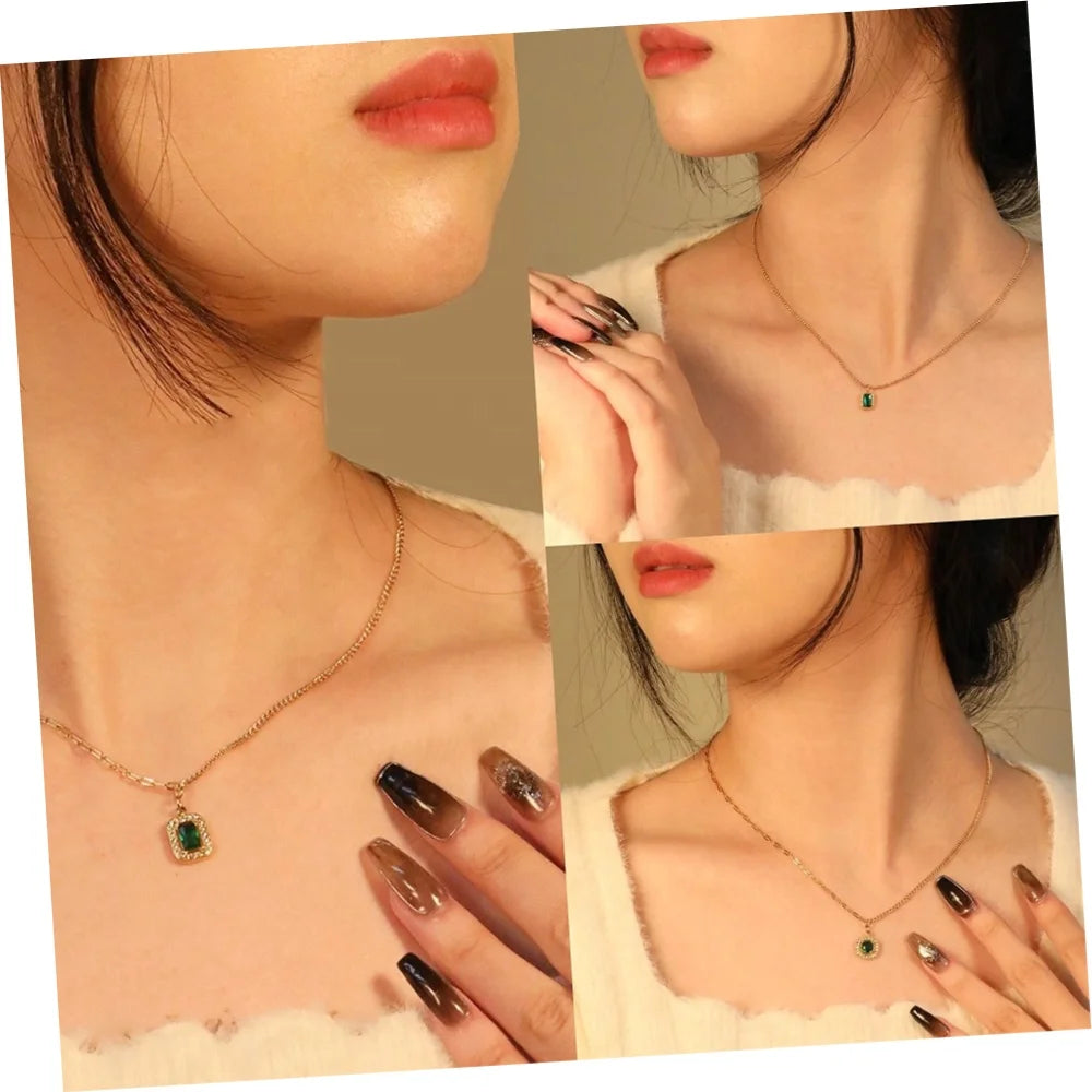 Vintage18k Gold Plated Stainless Steel Zircon Necklace Jewelry Women's Geometric Square Emerald Charm Necklace Custom