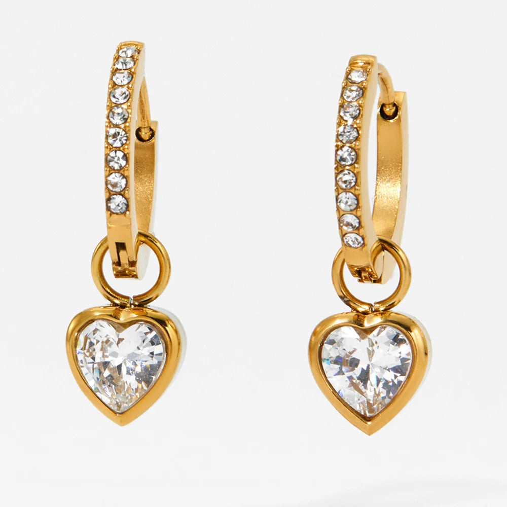 Ciloro New Arrival Luxury Gold Plated Stainless Steel Drop Earrings Trendy Heart Shaped Zircon Inlay for Women's Gift
