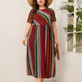Summer Fashion Plus Size Short Sleeves High Waist Slimming Women Casual Striped Long Dress