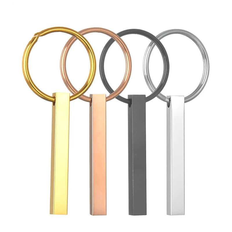 Personalize Engraved Custom Logo Name Metal Stainless Steel Keychain Blank 4 Sided Vertical 3D Bar Key Chain for Couple Souvenir
