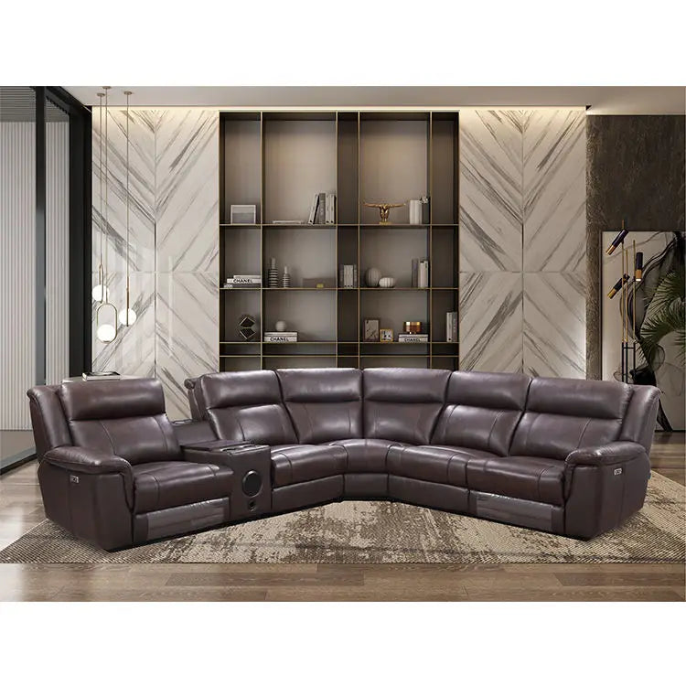 Modern Corner Sectional Electric Power Recliner Brown Genuine Leather  Sofa Set Living Room Furniture with Speaker Console