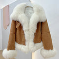 OFTBUY 2023 Trendy Winter Women's Goose Fur Jacket Big Fox Collar Short Sheep Skin Coat Fashionable Waterproof Thin Polyester