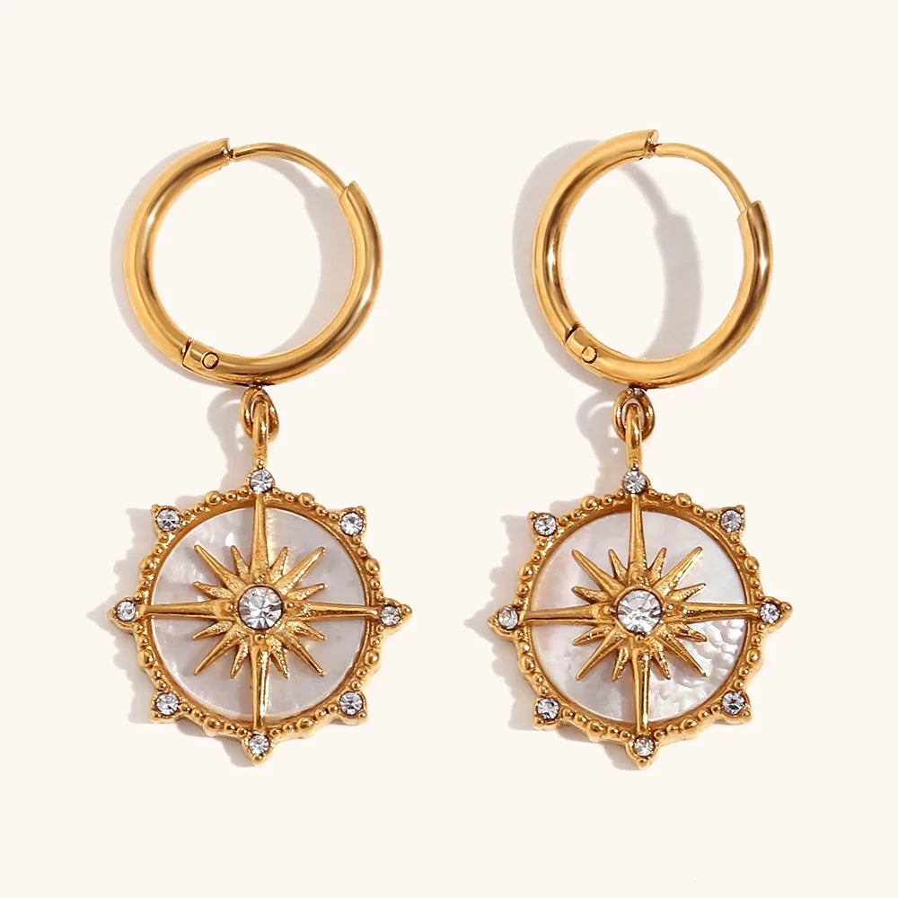 Boho Style Star Stainless Steel Drop Earrings Zircon Shells 18k Gold Plated Titanium Steel Jewelry Women's Earrings