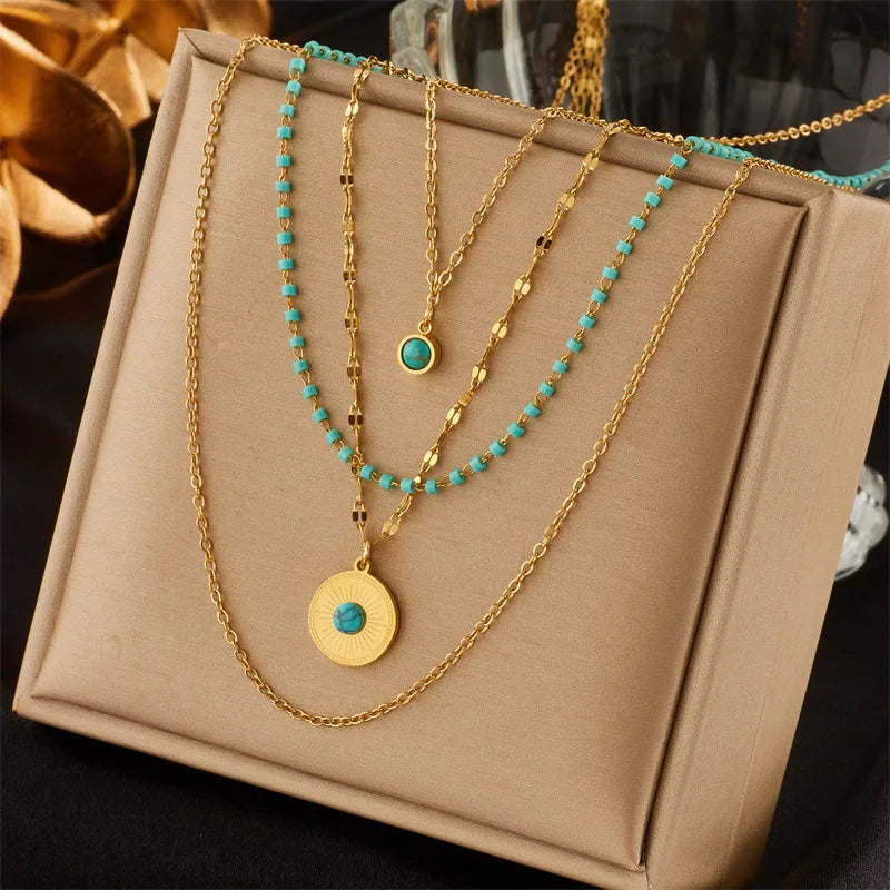Fashion Round Card Turquoise Pendant Necklace Creative Design Personality Multilayer Irregular Titanium Steel Necklace Jewelry