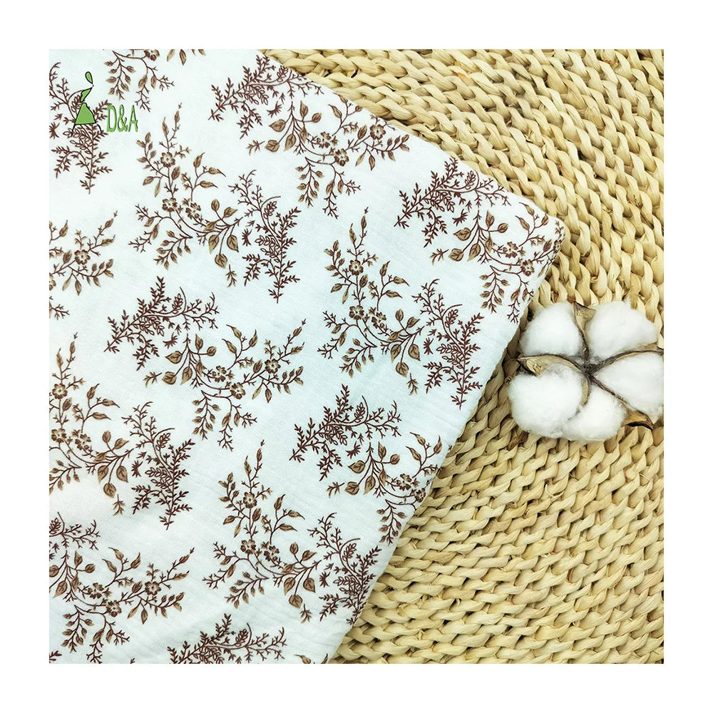 Organic Little Brown Leaves Floral Printed Woven Plain Muslin Double Gauze Crepe 100% Cotton Fabric for Girls & Boys Clothing