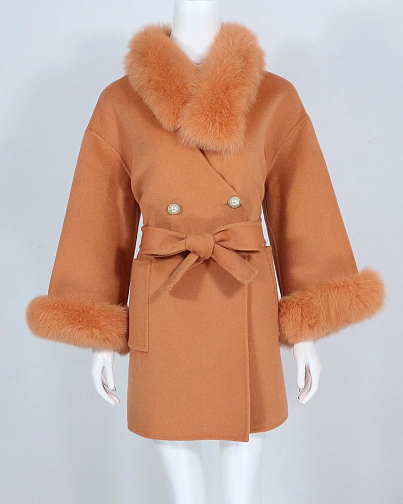OFTBUY 2023 Women's High Waist Japanese Woolen Coat with Natural Fox Fur Scarf Collar Slanted Lapel Long Fashion Jacket