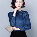 Elegant Bright Color Bow Satin Women Shirt Blouse Long Sleeve Fashion Korean Office Ladies Work Shirt Basic Female Tops