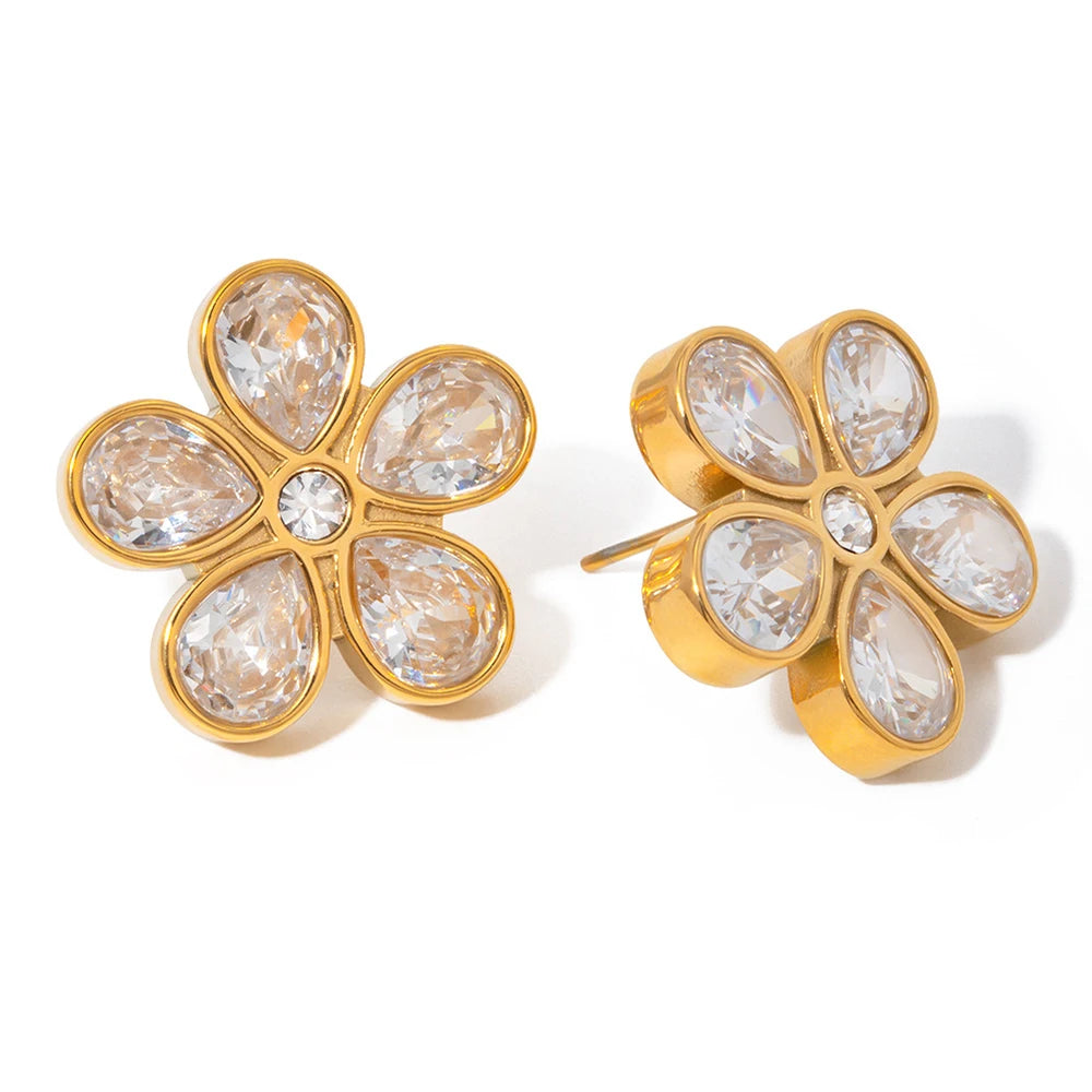 Delicate AAA Bling Cubic Zirconia Flower Stud Earrings 316L Stainless Steel Gold Plated Fashion Jewelry for Women