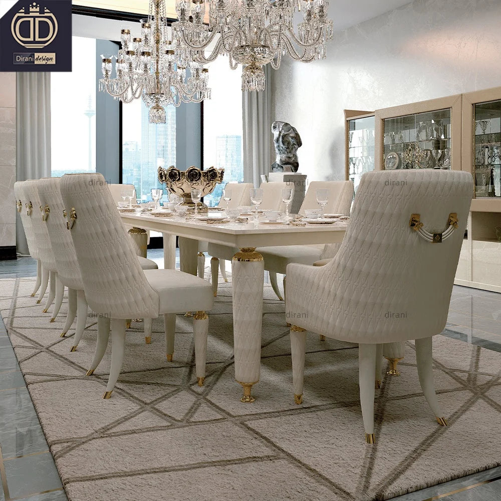 Classic Big Rectangular 10 Chairs Dining Table Sets Marble Top Luxury Villa Home Furniture Metal