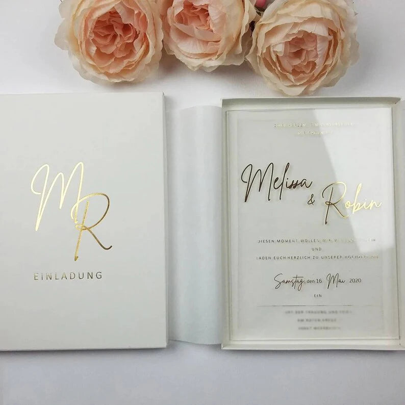 Custom Design Gold Foil Printed Velvet Wedding Invitations Box Vellum Paper Jacket Wrap Acrylic Invitations De Mariage De Luxu