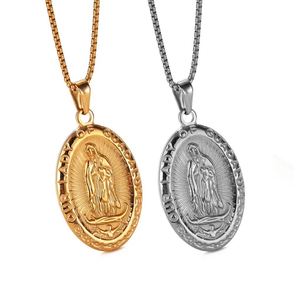 Vintage Virgin Mary Necklace 18K Gold Plated Women Men Christian Jewelry Cross Miraculous Medal Guadalupe Pendant Necklace