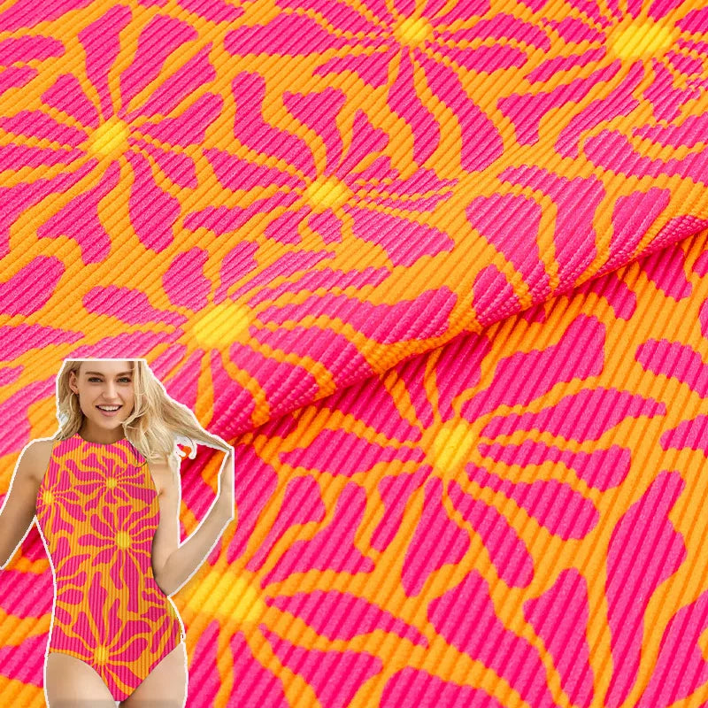 Ribbed Textured Polyamide Elastane Floral Designs Printed 4 Way Stretch Fabric Design Print Swimwear
