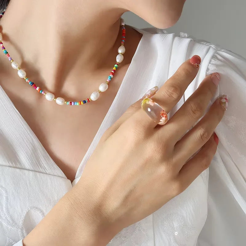Freshwater Pearl Colorful Glass Beads Stainless Steel Bead Chain Bohemian Summer Beach Choker Necklaces for Women