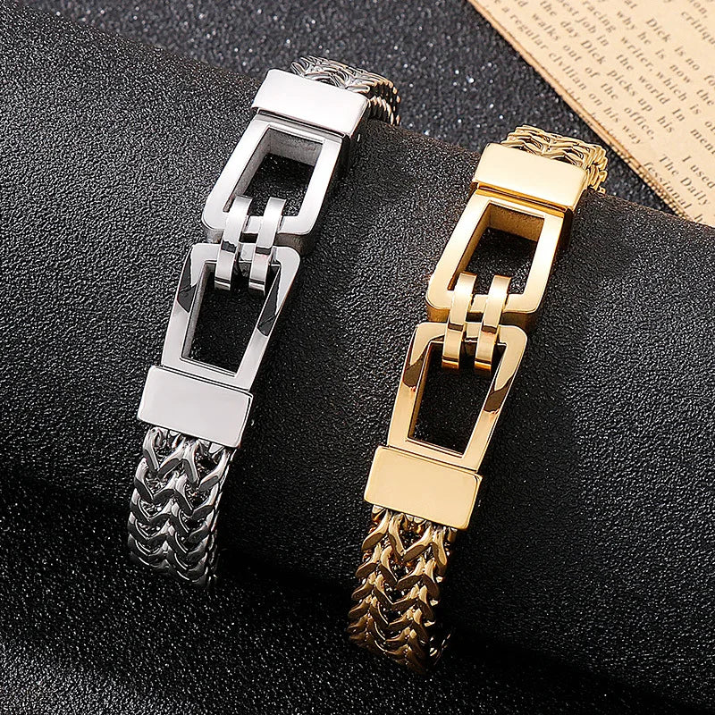 Hot Sale Double Layered Stainless Steel Silver Black Gold Plated Bangle Heavy Chain Magnetic Clasp Bracelet for Men and Women