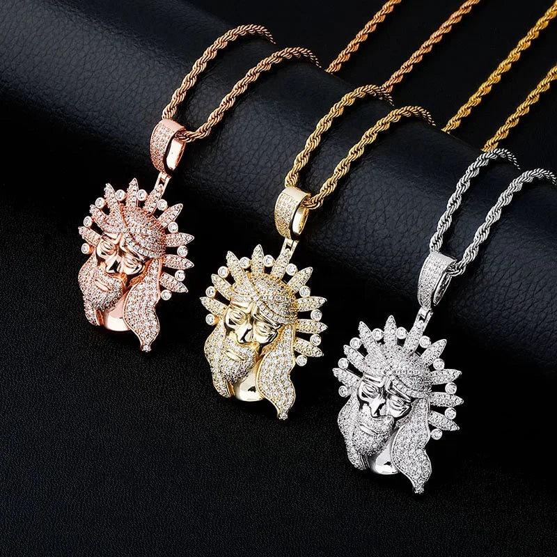 New Iced Out Jesus Head Portrait Pendant Necklace Rhodium Plated Rose Gold Silver Color Cubic Zirconia Men Hip Hop Bling Jewelry