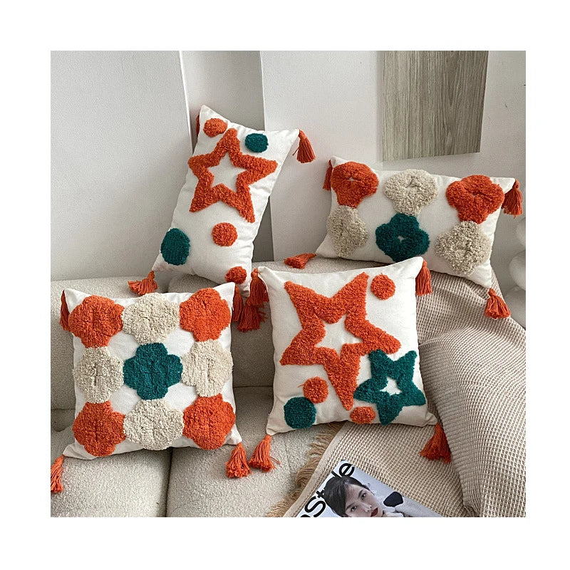 Boho Luxury Home Decor Cotton Throw Pillow Cover 18x18' Tufted Embroidered Tassel Cartoon Animal Eco-Friendly Print Dot Hotel