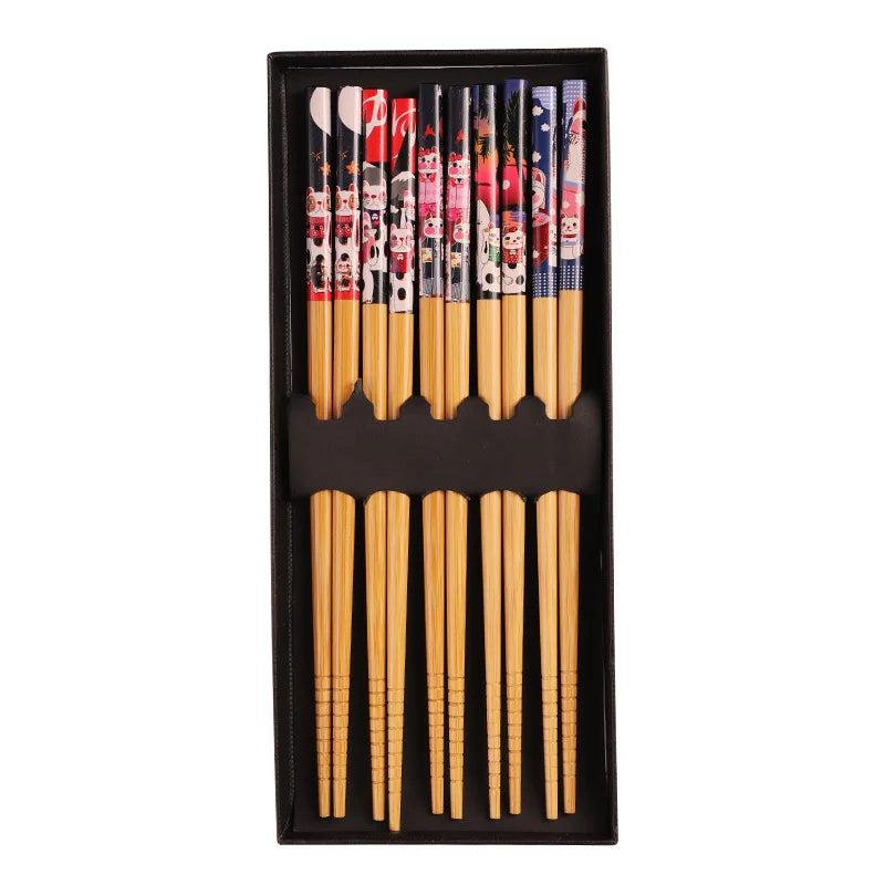 5 Pairs Reusable Japanese Style Classic Chop Stick Gift Box Set Natural Bamboo Chopstick