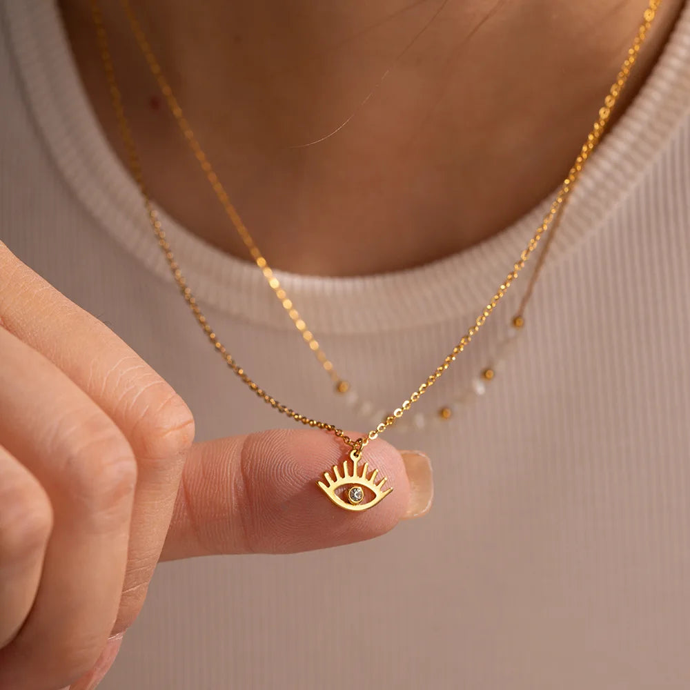 18k Gold Plated Stainless Steel Wire Chain Shell Bead Double-Layer Devil's Eyes Pendant Chain Necklace for Women