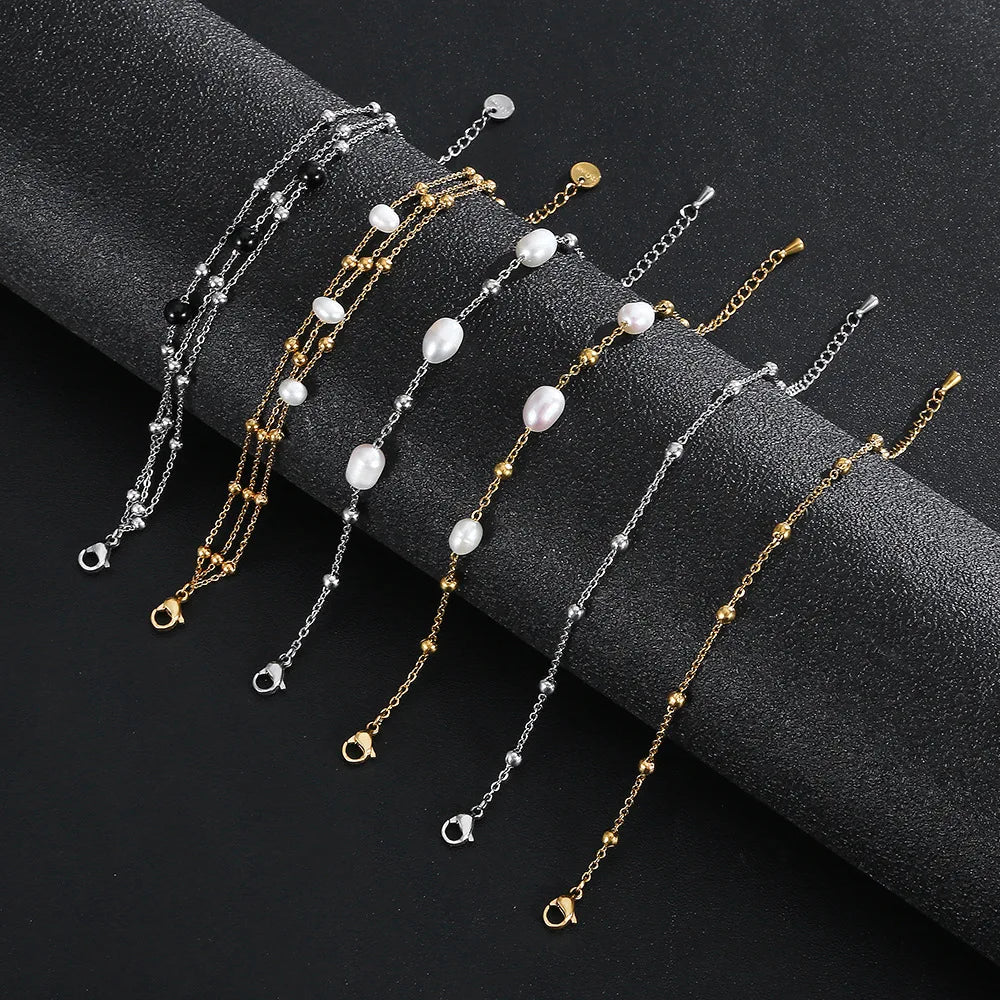 Delicate Gold Plated Stainless Steel Bracelet Multistyle Thin Chain Color Pearl Charm Bracelet for Women Jewelry Gifts