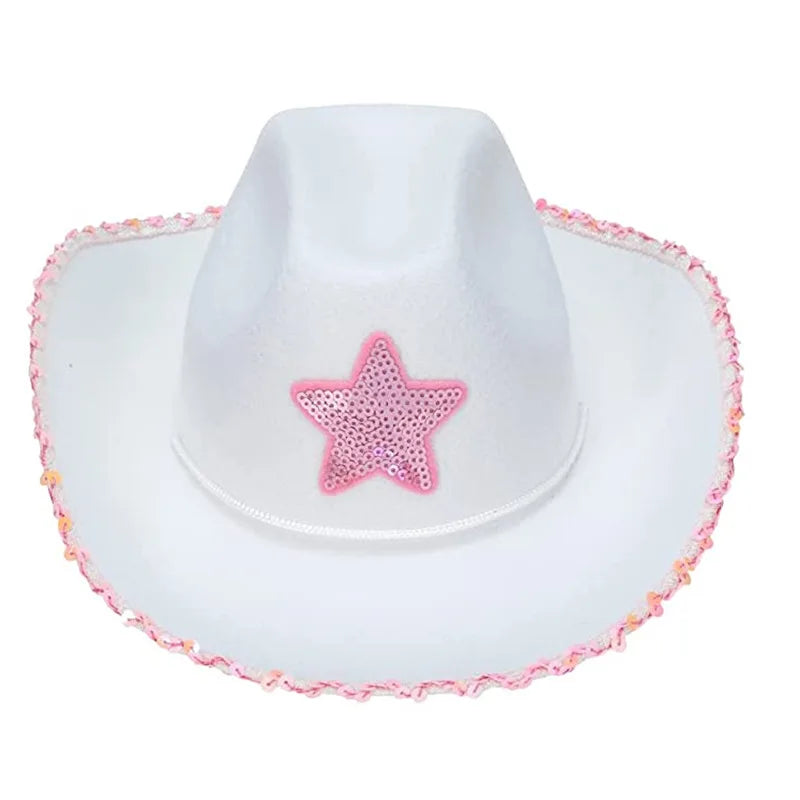 Ready to Ship Fashion Men Women White Cowgirl Hat Western Event Party Cowboy Hat with pink Sequin Stars