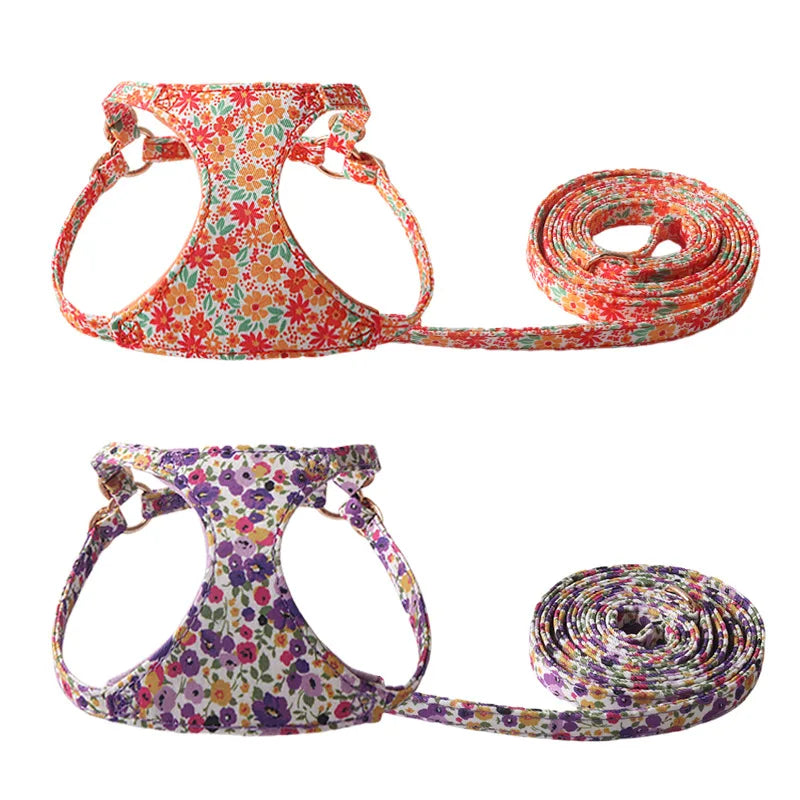 Designer Hand-draw Cotton Pet Chest Set Lightweight Floral Printed Dog Harness and Leash