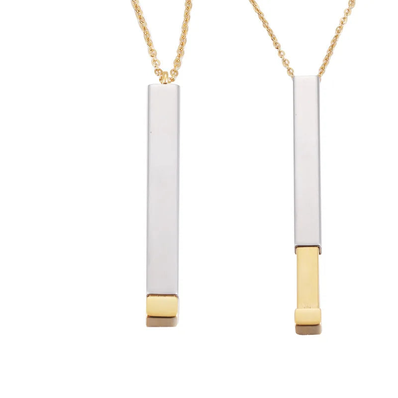 Personalized Engraved Gold Stainless Steel Square Bar Hidden Pendant Nesting Stick Retractable Stereo Wedding Classic Necklace
