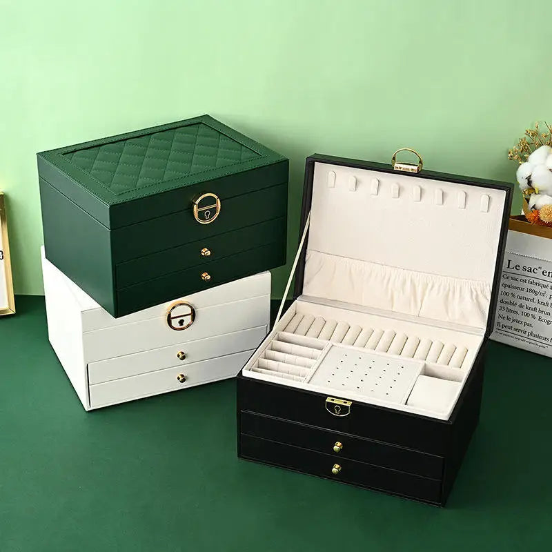 Wholesale 3 Layer Large Jewelry Box Organizer with Lock 2 Drawers Custom Logo Pu Leather Jewellery Storage Case for Women Gifts