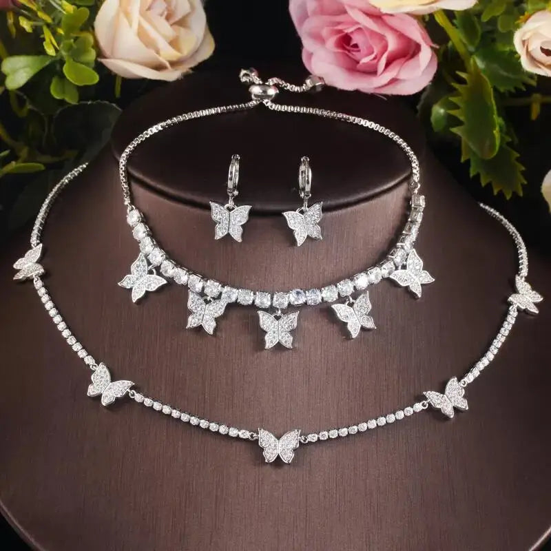 3 Piece Bright Cubic Zircon Crystal Silver Color Lovely Butterfly Ladies Jewelry Bridal Choker Necklace Earrings Bracelet Sets
