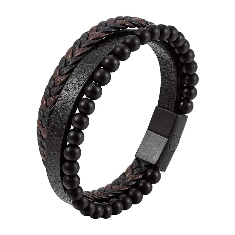 Hawaiian Handmade Beads Jewelry Stainless Steel Black IP Leather Bangle tiger Eye Rope Bracelet for Men Gift Party