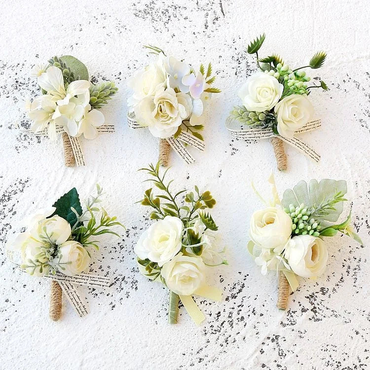 A-1460 White Silk Roses Wrist Corsage Boutonniere for Wedding