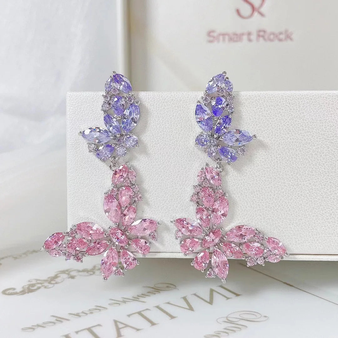 SENYU Beautiful Women Butterfly Dangle Earring Shining Pink Crystal Big Cubic Zirconia Paved Accessories Wedding Bride Jewelri