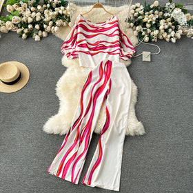 Plus Size High Quality Elegant Loose 2 Piece Set for Women Top and High Waist Printed Pants Set Ropa Wholesale