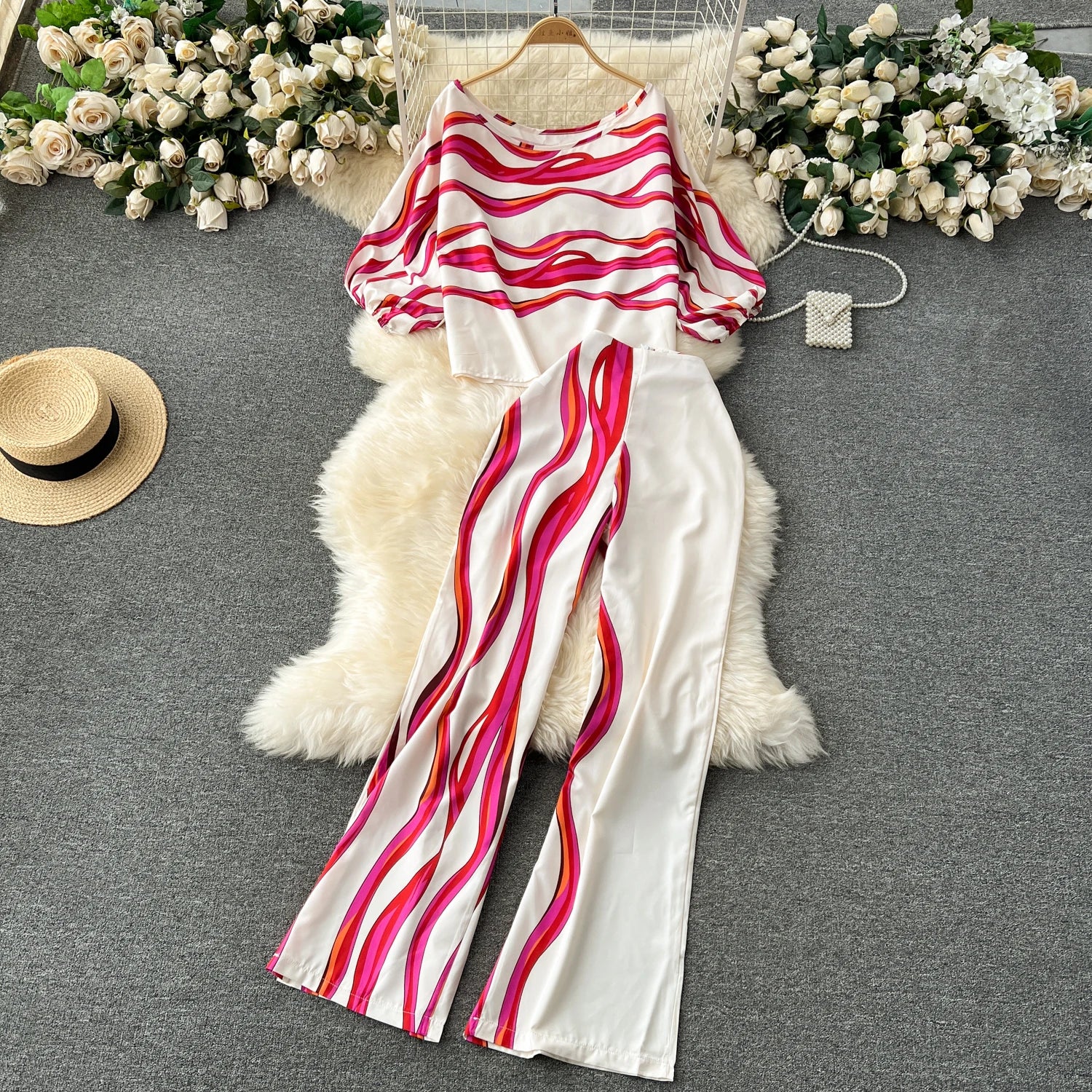 Plus Size High Quality Elegant Loose 2 Piece Set for Women Top and High Waist Printed Pants Set Ropa Wholesale