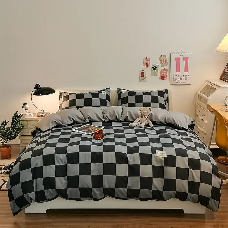 Factory Wholesale Simplicity Geometric Plaid Washed Cotton Bed Four Piece Student Dormitory Bed Sheet Quilt Cover