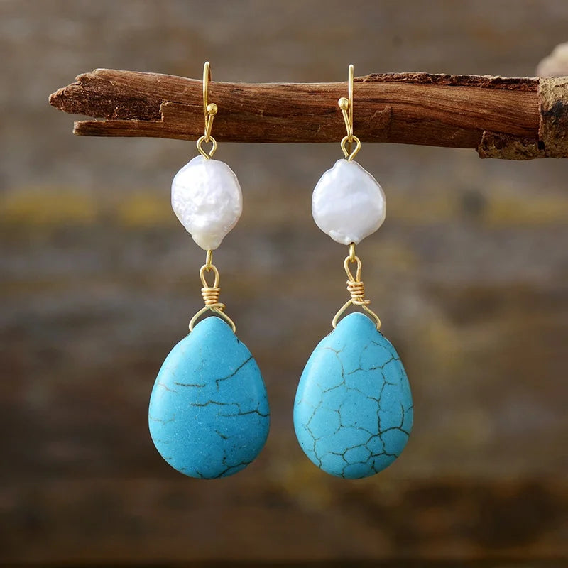 Gold Plated Natural Stone Turquoise Freshwater Pearl Dangle Earrings Women's Holiday Inspired Designer Jewelry Fashion Drop Ear