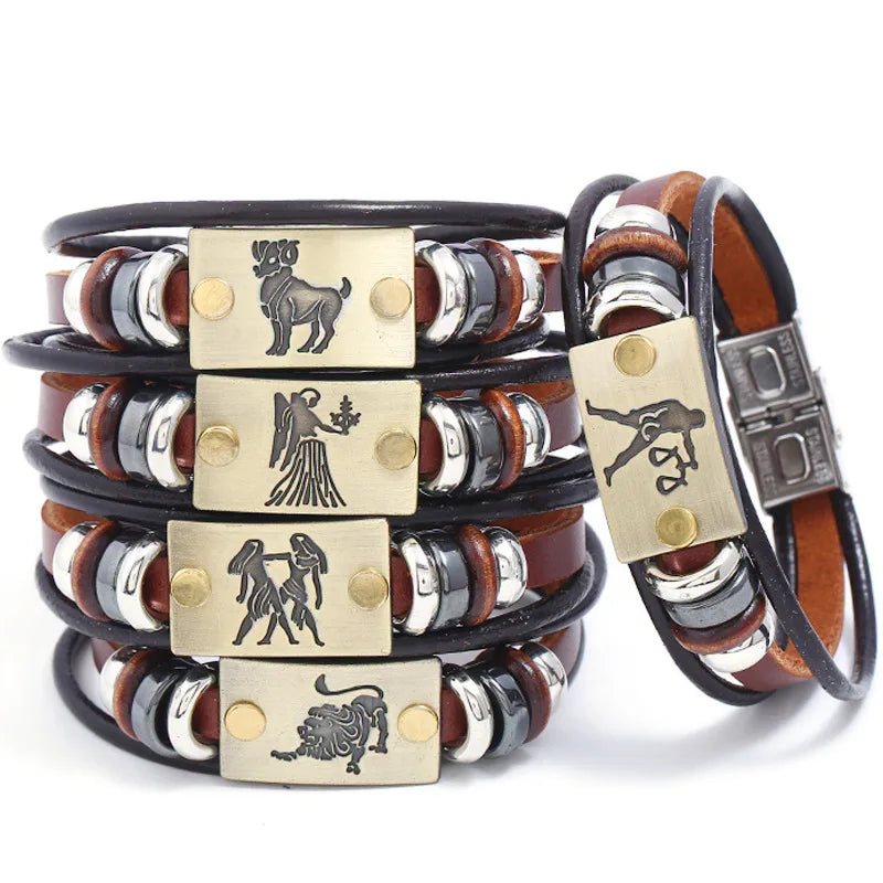 Europe Hot Selling 12 Animal Handmade Bracelet Vintage Cowhide Braided 12 Star Sign Leather Couple Bracelet Jewelry