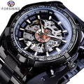Forsining Men's Mechanical Automatic Black Stainless Steel Skeleton Watch Steampunk Sport Wristwatches 22mm Band Width Glass