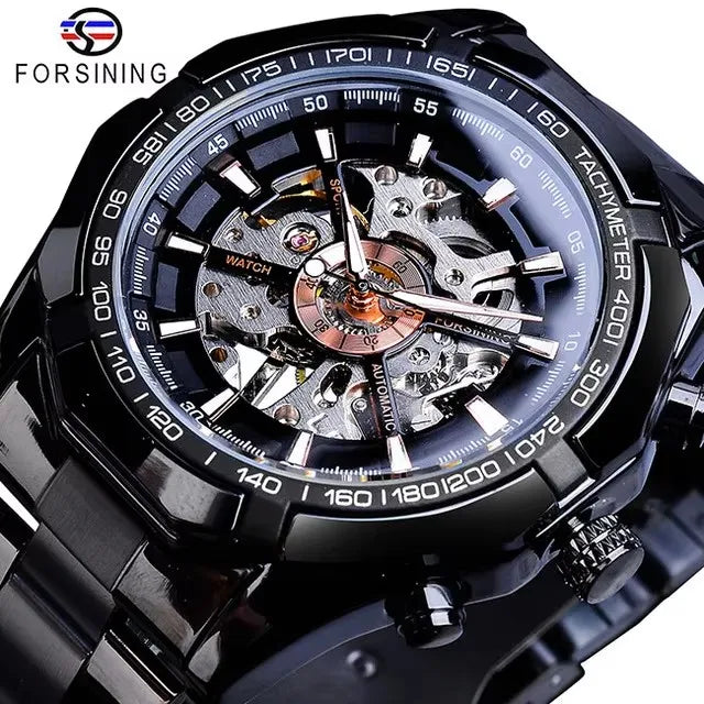 Forsining Men's Mechanical Automatic Black Stainless Steel Skeleton Watch Steampunk Sport Wristwatches 22mm Band Width Glass
