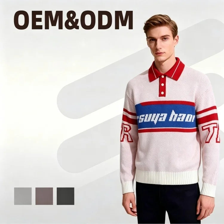 Customized LOGO Men Jacquard Varsity Winter Knitted Collar Letter Pattern Jacquard Knit Men's Pullover Sweater