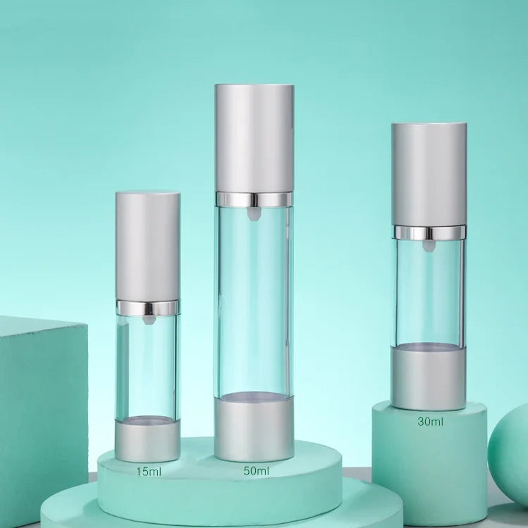 Luxury Beauty Make up Silver Plastic Bottle 15ml 30ml 50ml Round Cosmetic Packaging Lotion Airless Pump Bottle