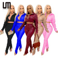 Liu Ming New Year Autumn Winter Women 2 Pieces Leather Pu Crop Tops Slim Stacked Trousers Pants Set
