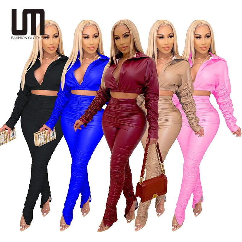 Liu Ming New Year Autumn Winter Women 2 Pieces Leather Pu Crop Tops Slim Stacked Trousers Pants Set