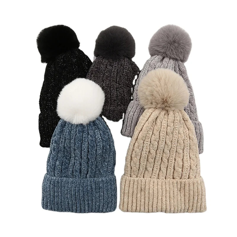 Women Chenille Knit Custom Bobble Hat Slouchy Beanie Hats Fleece Lining  Winter Warm Soft Chunky Cables Bobble Pom Beanie Hat