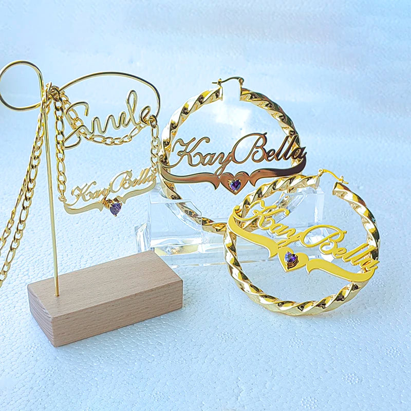 Qiuhan Stainless Steel Necklace and Earrings Set 18K IP Gold Plated Women Custom Name Jewelry Set