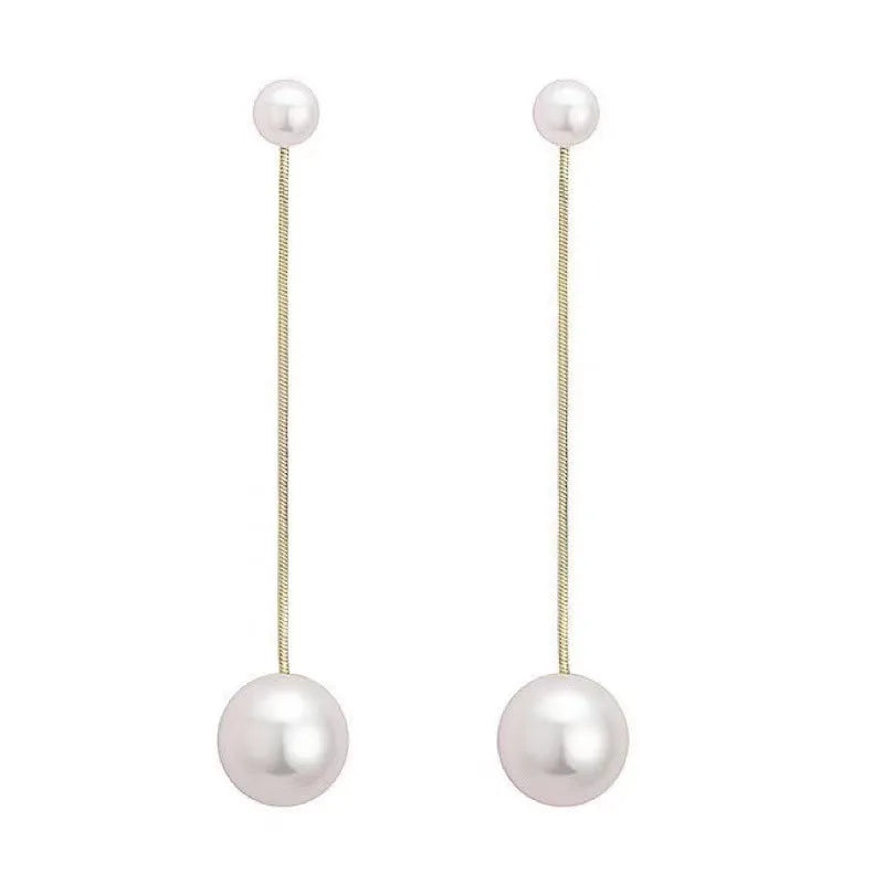 AA00133 Fashion Simple Shiny Big Pearl Earrings Tassel Earrings Simple Temperament Hanging Double Pearls