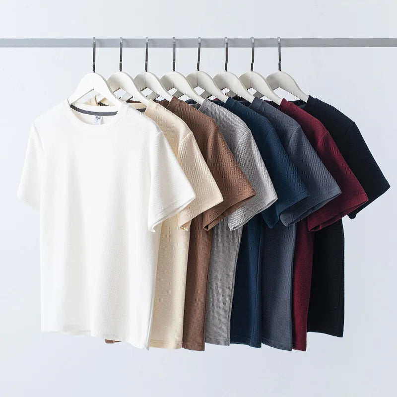 260g Men's Waffle-knit Crew Neck Short-sleeved Top Vintage Loose Fit Solid Color Customizable Direct From the Factory
