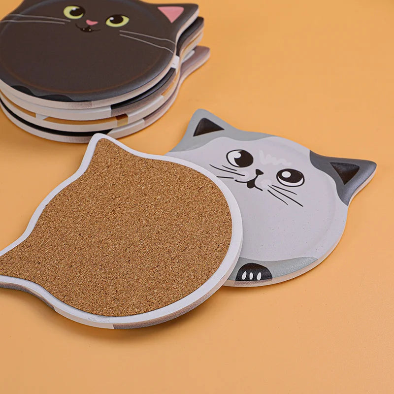 Cute Cat UV Printed Ceramic Coasters with Cork Back Customized Pet Mats & Pads Drinks Absorbent Cat Head Shape Coaster