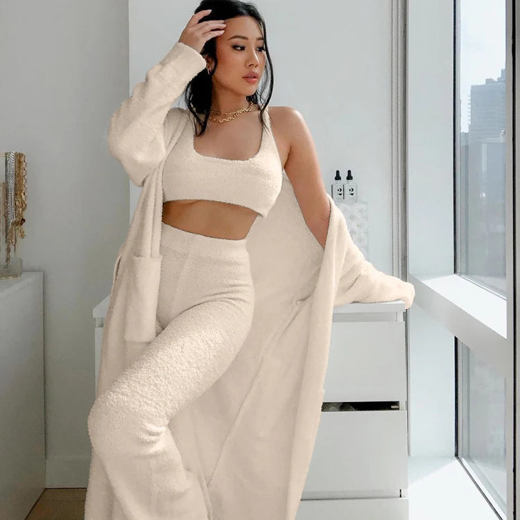New Women Fashion Plush Lace up Long Three Piece Suit With Belt Bathrobe Home Service Jacket
