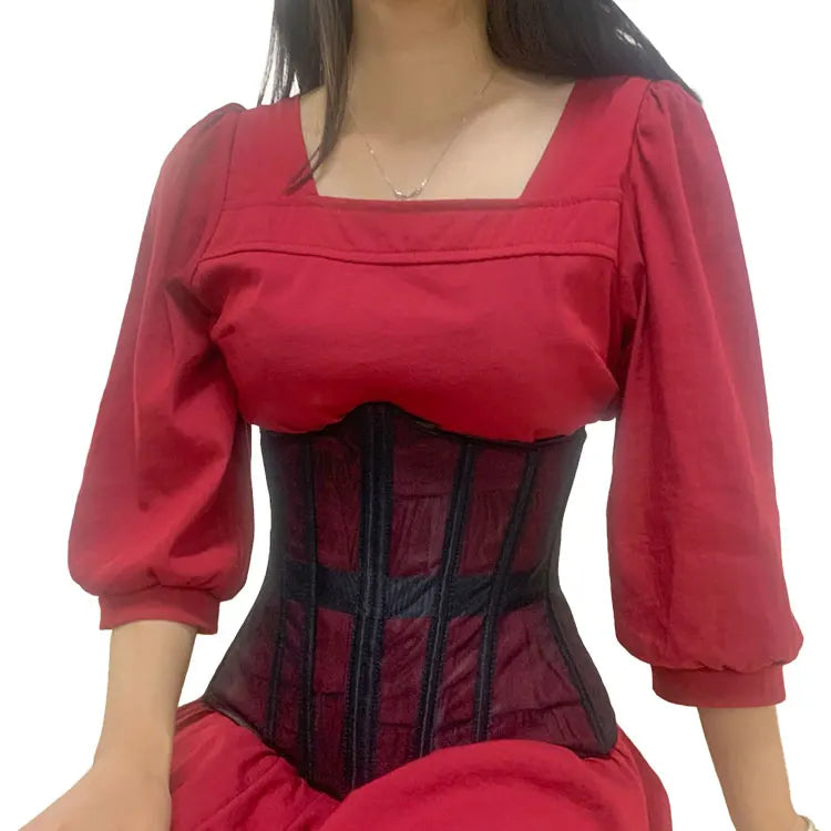Women's Vintage Korset 16 Fish Bones Sheer Mesh Lace up Bustier Corset Short Torso Back Tied Waist Training Corsets